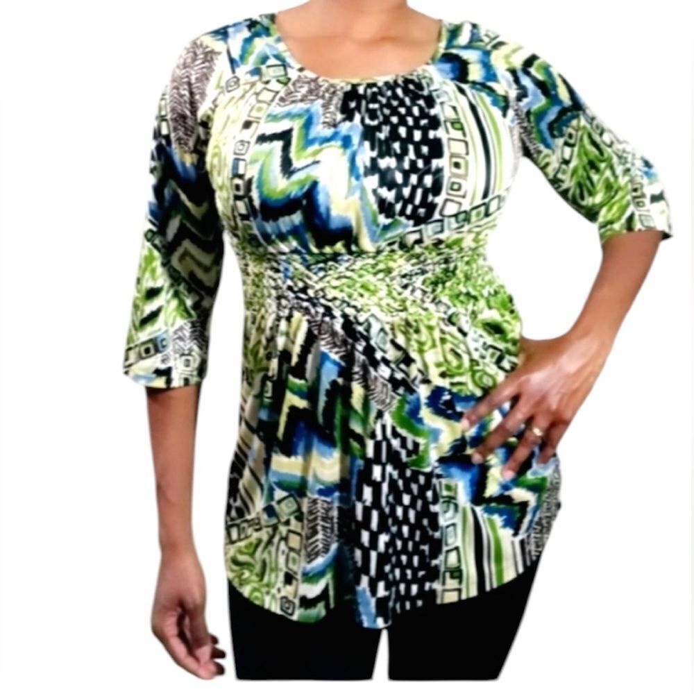 TARA RYAN SMOCK Large Green Black Blue Print Elastic belt style waist